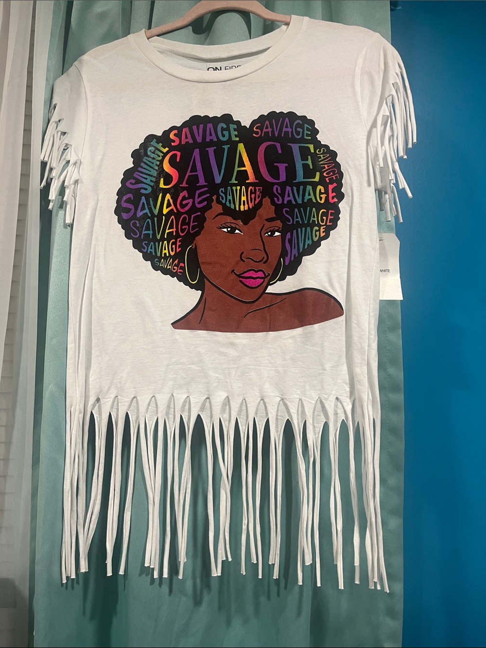 On Fire White Fringe Crop Top with Multicolor "Savage" Afro Graphic